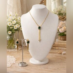 Vintage 1980s Gold Chain Faux Emerald Rhinestone Necklace & Clip On Earring Set